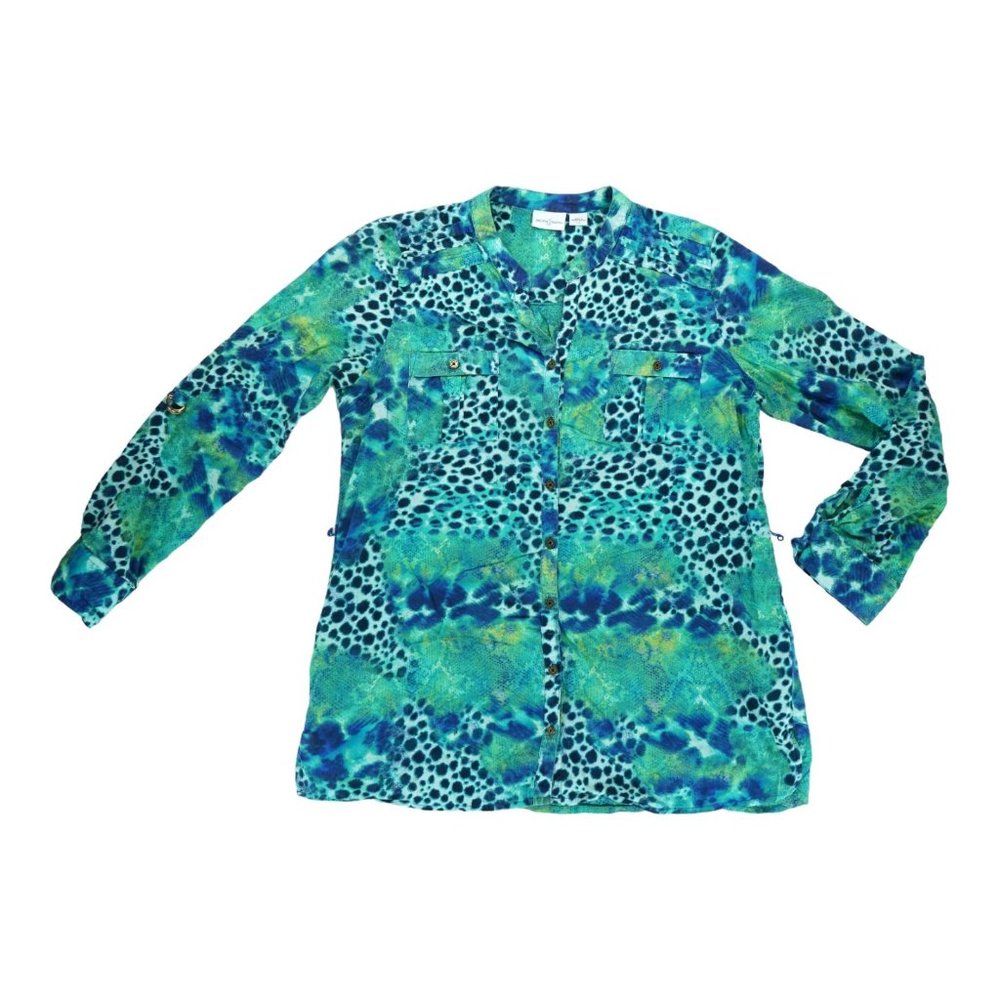 Jaclyn Smith Long Sleeve Roll Up‎ Tab Button Up Tunic Top Size L Large